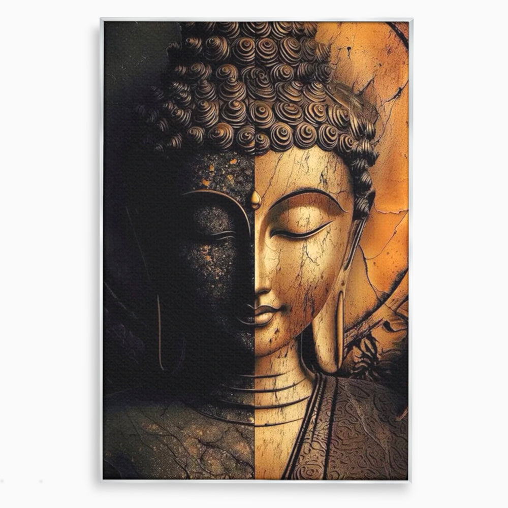 Tablou canvas cu tablou canvas cu chipul lui buddha in doua culori, in rama de aluminiu argintiu
